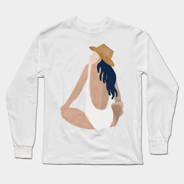 Blue haired girl sitting on the beach Long Sleeve T-Shirt by gabbadelgado